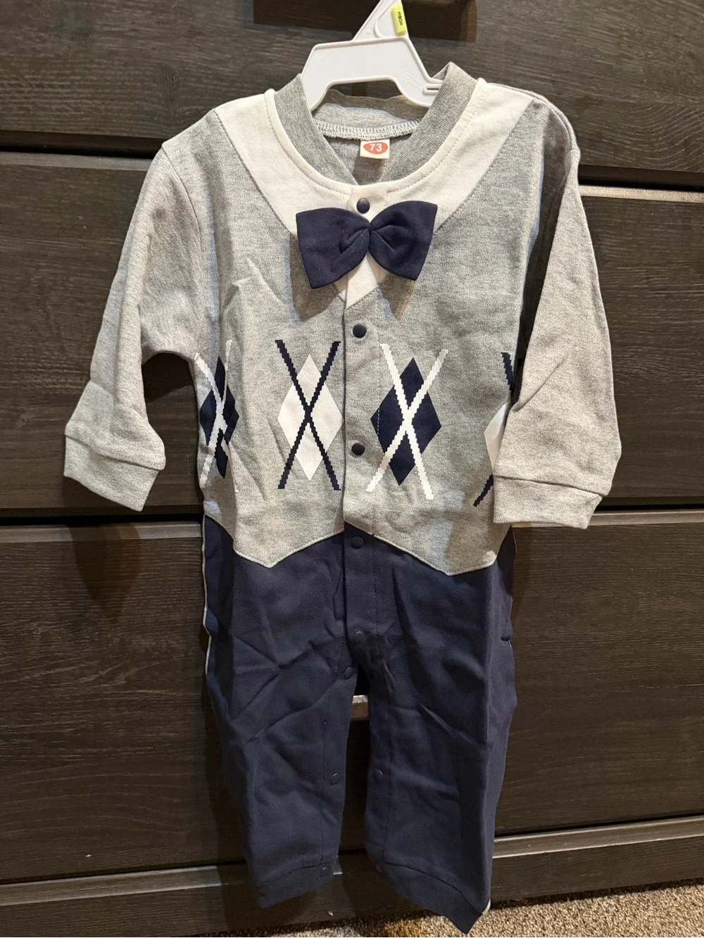 SHEIN Gray & Navy Argyle Bow One-Piece Bodysuit
